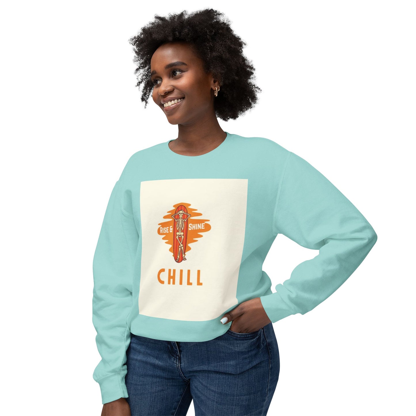 Chill Lightweight Crewneck Sweatshirt, Rise & Shine Graphic, Cozy Lounge Wear, Perfect Gift for Any Occasion, Trendy Fall Fashion