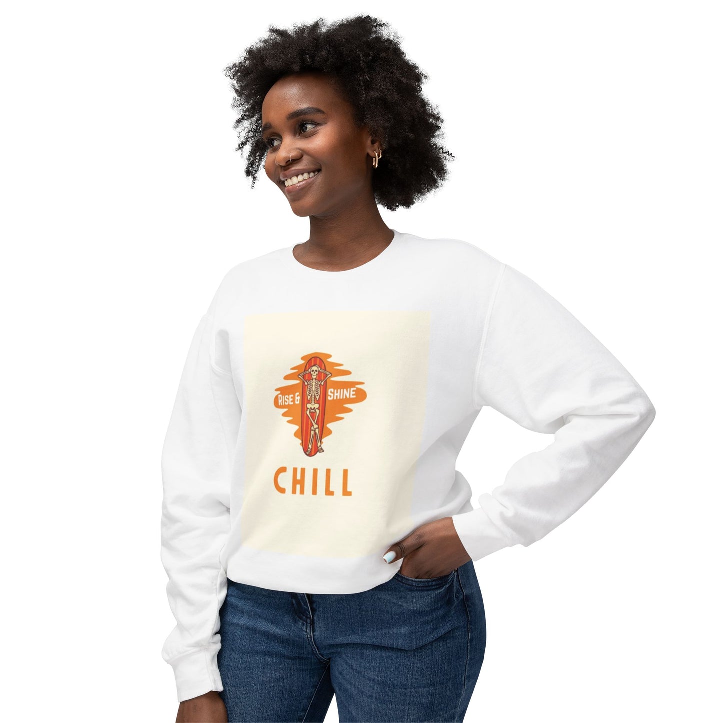 Chill Lightweight Crewneck Sweatshirt, Rise & Shine Graphic, Cozy Lounge Wear, Perfect Gift for Any Occasion, Trendy Fall Fashion