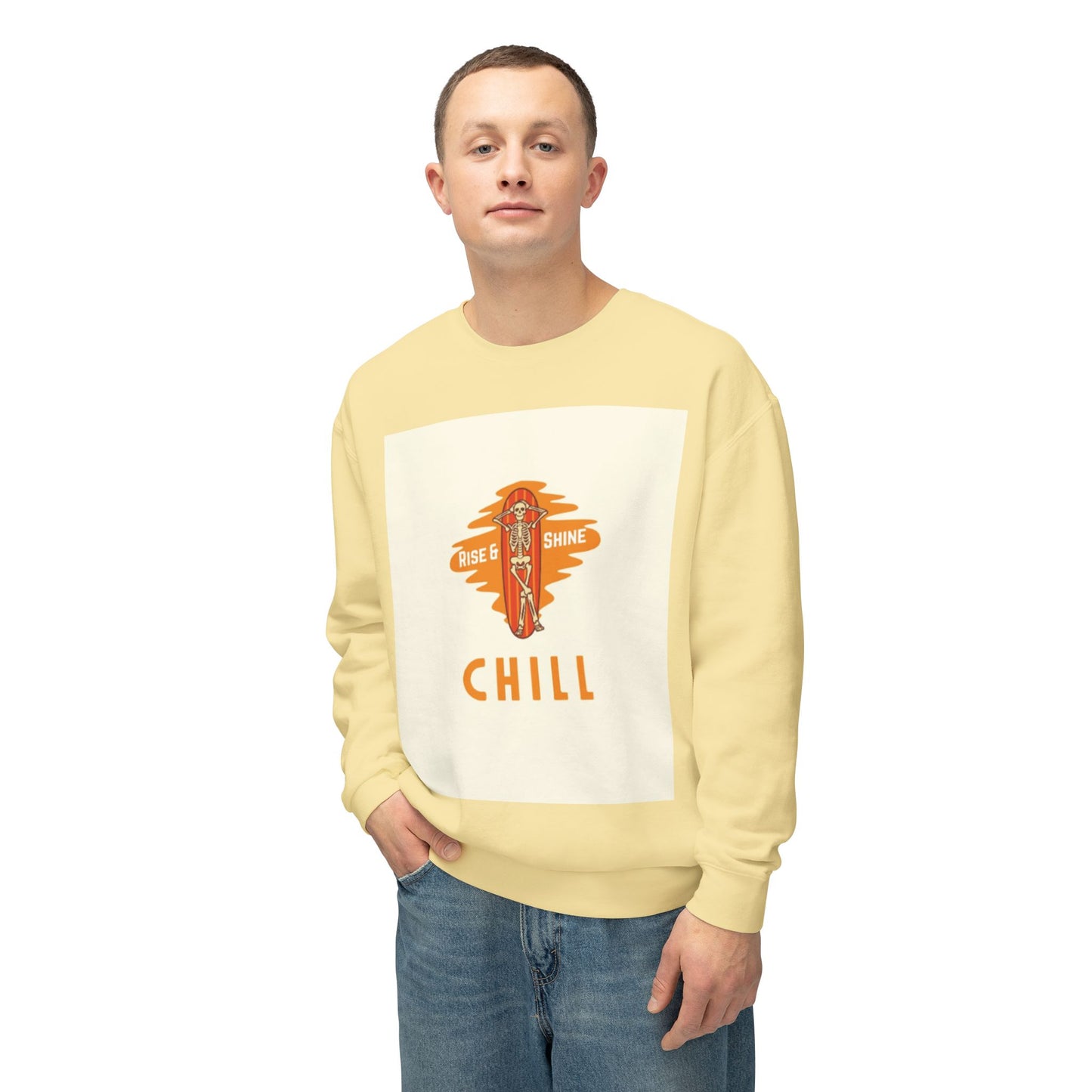Chill Lightweight Crewneck Sweatshirt, Rise & Shine Graphic, Cozy Lounge Wear, Perfect Gift for Any Occasion, Trendy Fall Fashion
