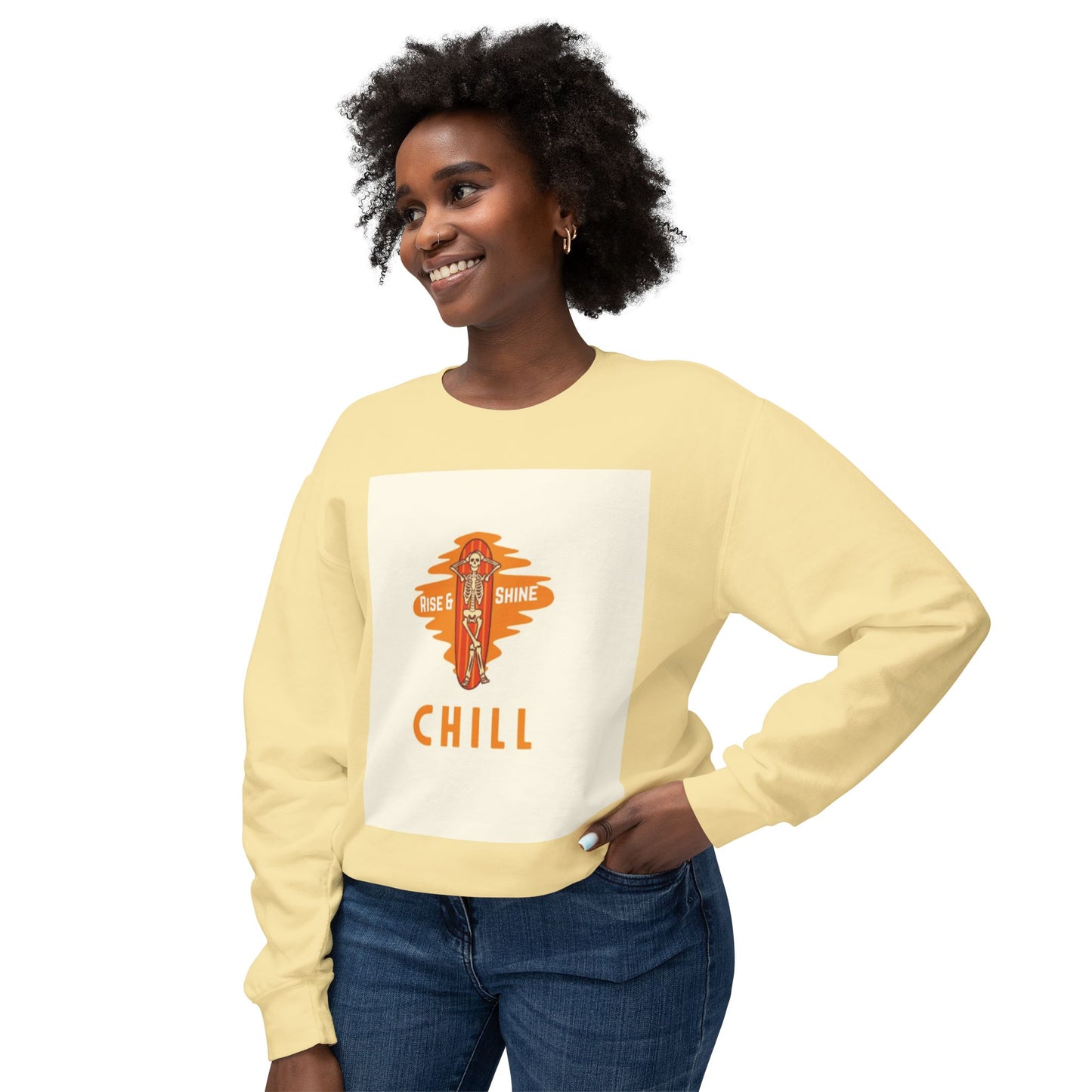 Chill Lightweight Crewneck Sweatshirt, Rise & Shine Graphic, Cozy Lounge Wear, Perfect Gift for Any Occasion, Trendy Fall Fashion