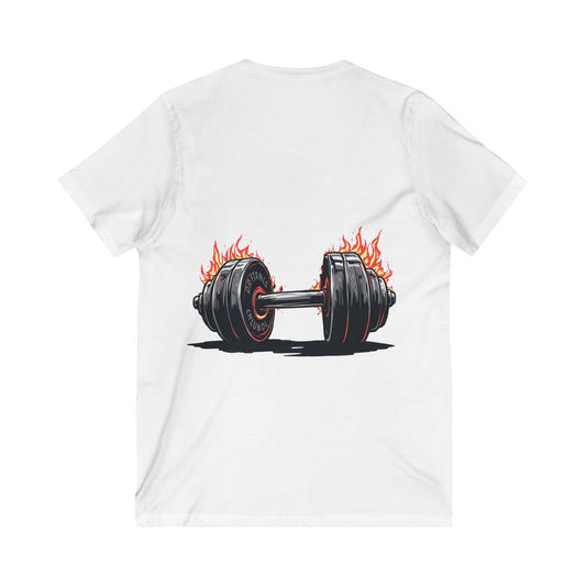 Fitness V-Neck Tee with Flaming Dumbbell Design, Workout Shirt, Casual Gym Wear, Fitness Gift,Athletic Apparel